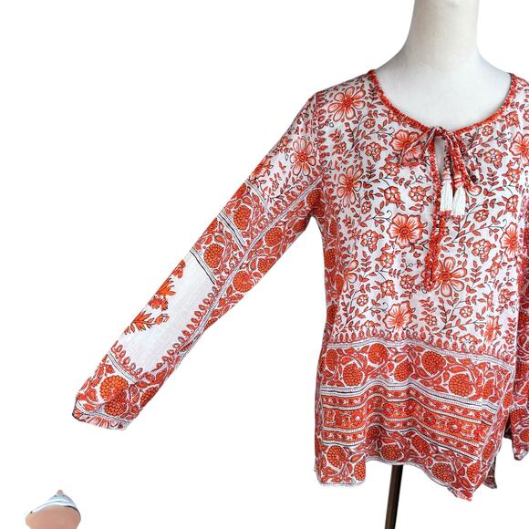 Calypso St. Barth Orange Floral Print Sheer Long Sleeve Tassel Tie Up Top - Picture 10 of 12